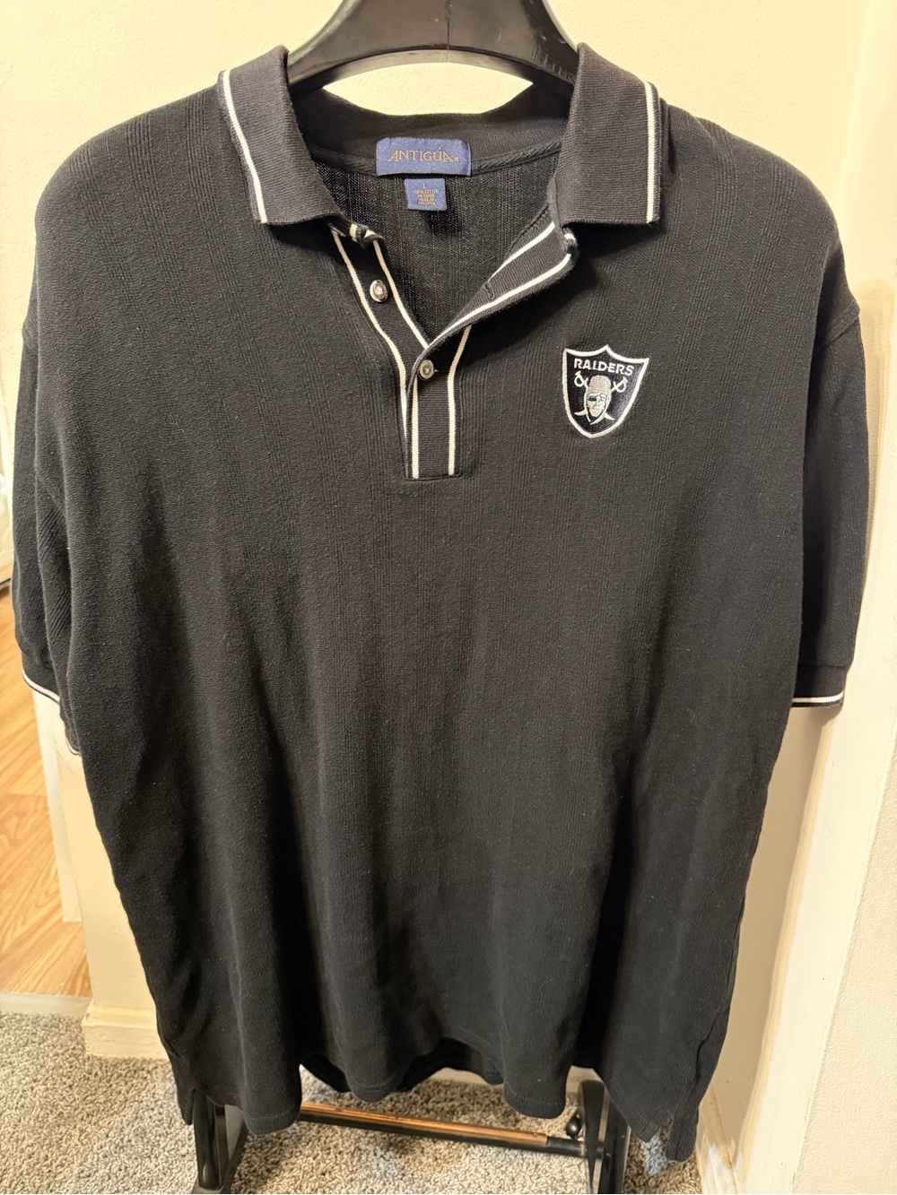Las Vegas Raiders Antigua Black Polo Sweater W/White trim On Collar Mens Large